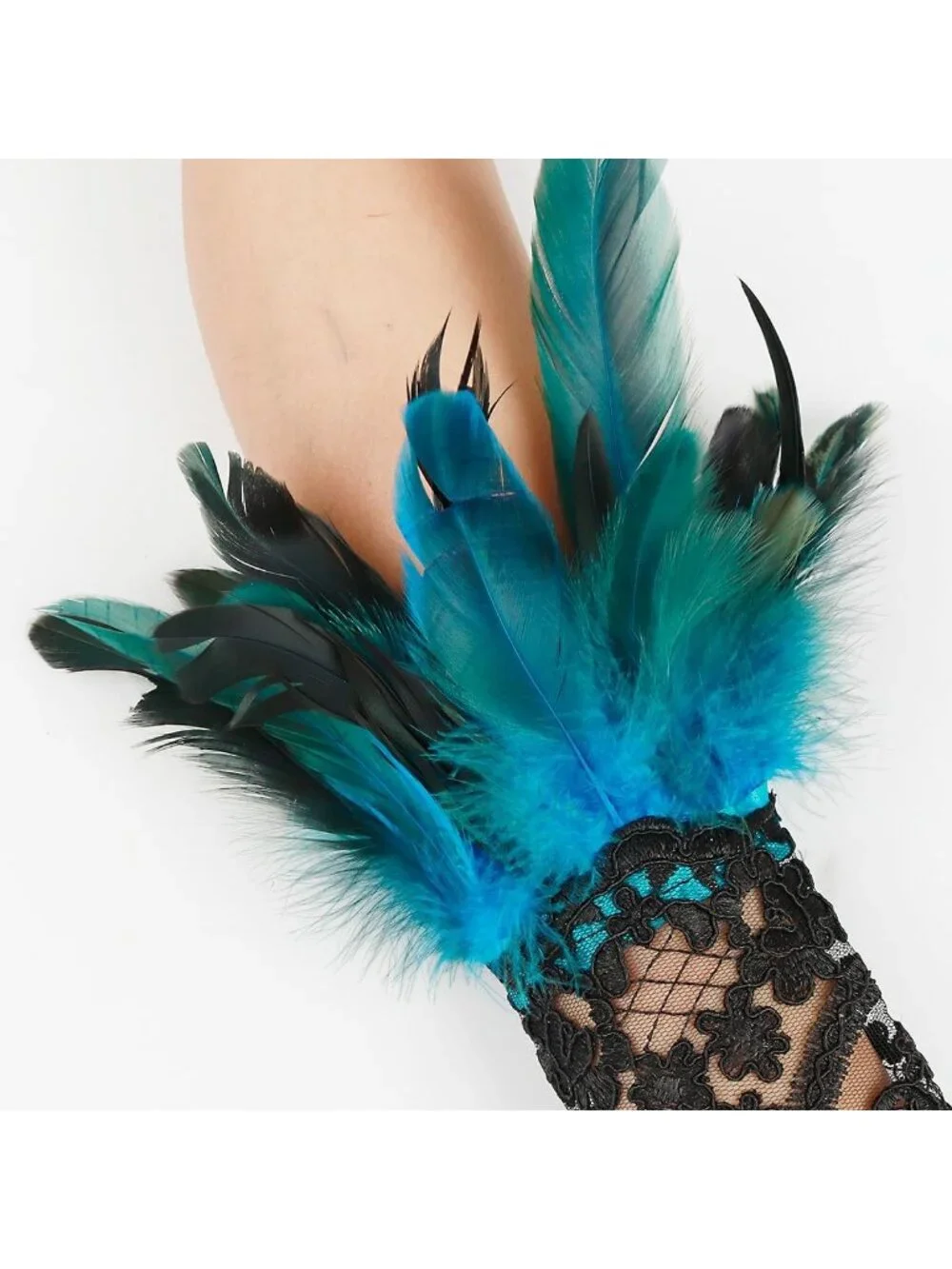 Gothic Black Lace Feather Long Gloves for Women - Halloween Witch Costume